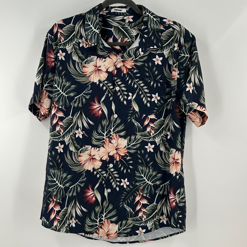 COOFANDY Mens Hawaiian Shirt Navy Blue Floral Palm Leaf Tropical Button Down M